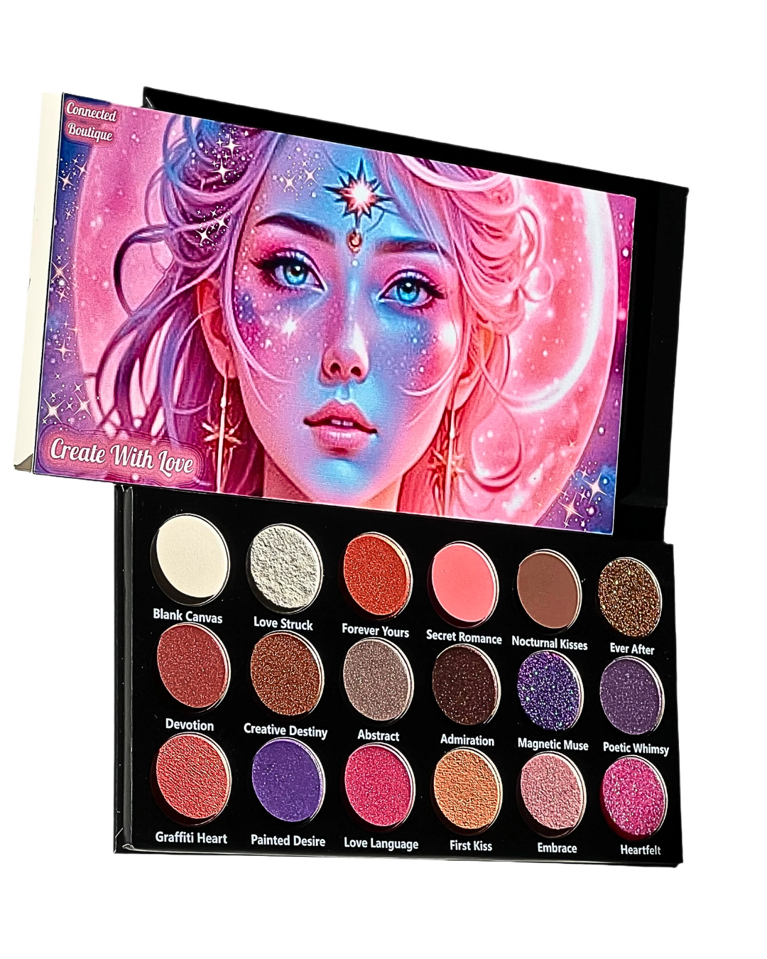 Connected Boutique - Create With Love 18‐Shade Eyeshadow Palette – Mattes, Shimmers & Glitters