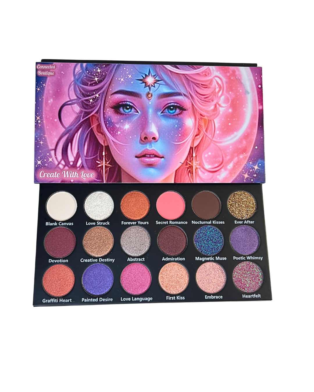 Connected Boutique - Create With Love 18‐Shade Eyeshadow Palette – Mattes, Shimmers & Glitters